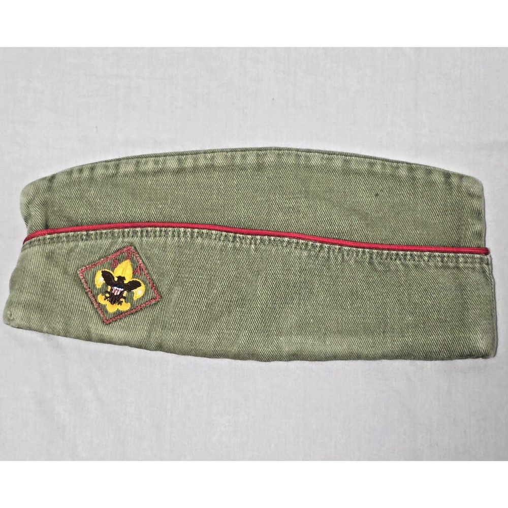 Vintage Boy Scouts of America BSA Garrison Field Cap Green Olive Piping Sz Large